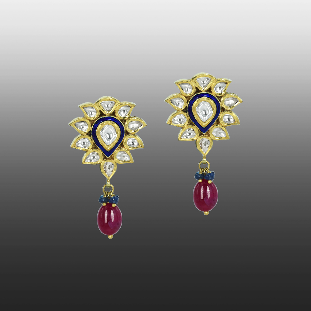 Floral Polki Earrings with Blue Meenakari and Ruby Drops